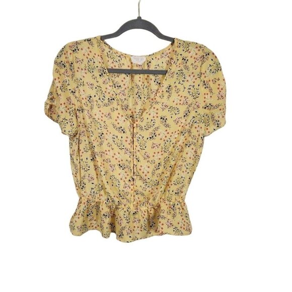 Sienna Sky Floral Short‎ Sleeve V-Neck Blouse in Yellow - Size Large - Picture 1 of 5